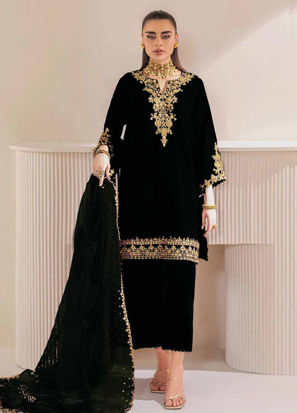 Embroidered 3 Piece Velvet Suit BLACK-