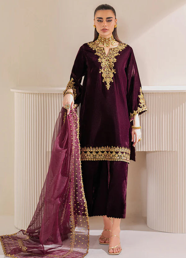 Embroidered 3 Piece Velvet Suit MAROON