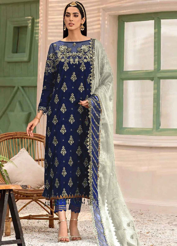 Embroidered 3 Piece Velvet Suit Blue